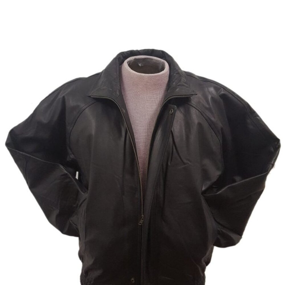 Men’s Black 4 Button Leather Flight Multi-Season Bomber Jacket With hidden zippe